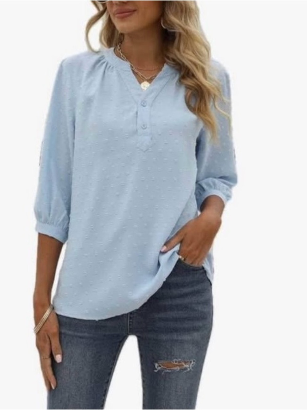 Light Blue Women's Textured Henley Blouse
